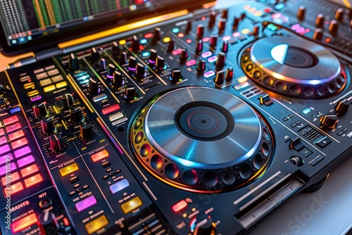 DJ Colorful mixing deck Controller connecting to Laptop and tablet using USB cable top view, isolated on white.