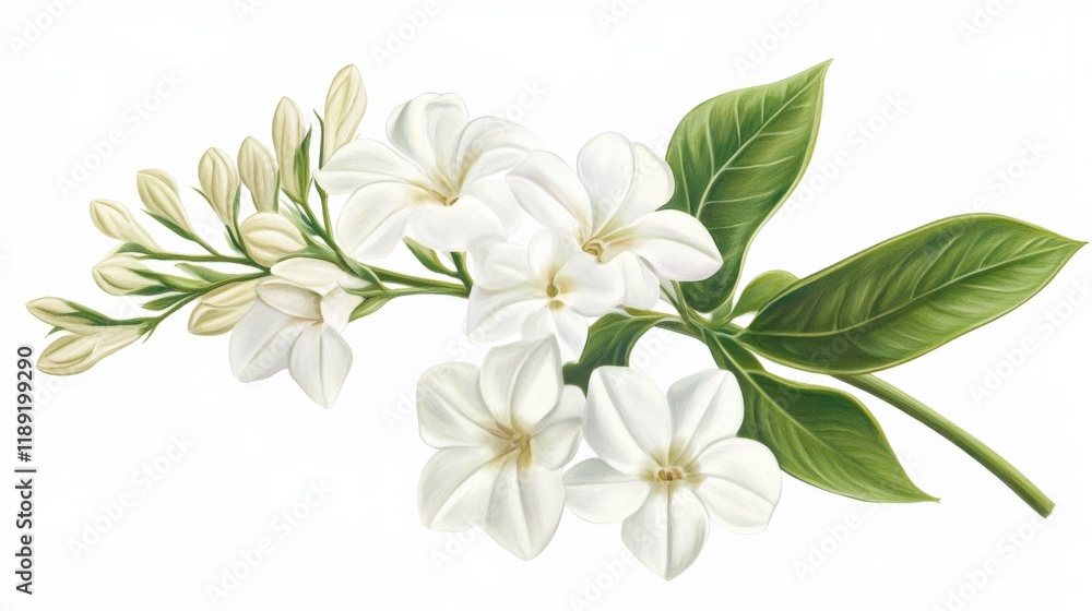 Fototapeta premium a branch of white flowers and green leaves