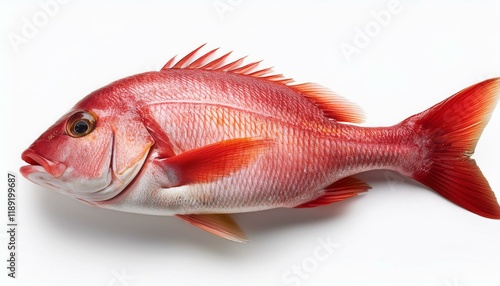 A fresh red fish, possibly a snapper, displayed on a plain white background.
