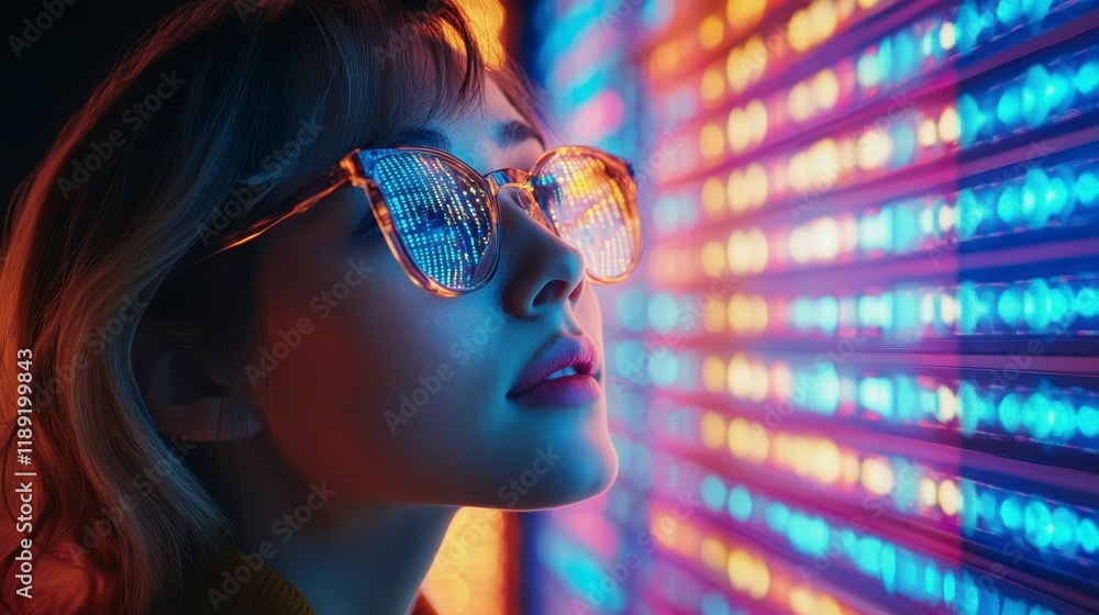 Young Woman with Glasses Gazing at Vibrant Neon Light Display Futuristic Cityscape Young Woman with Glasses Gazing at Vibrant Neon Light Display Futuristic Cityscape