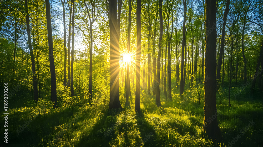 Naklejka premium Quiet spring forest with beautiful sunlight streaming through the trees