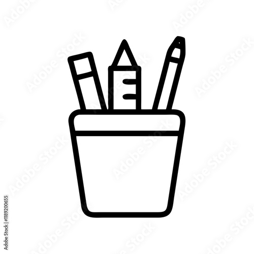 Outline icon of a pencil holder containing various writing instruments