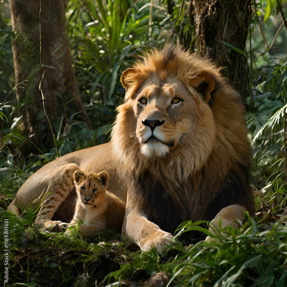 Fototapeta premium A Lion with kid in jungle wildlife moments