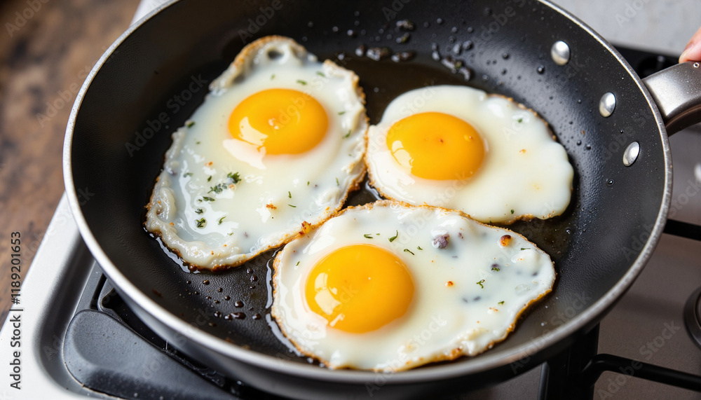Frying eggs sunny side up in skillet, culinary delight Frying eggs sunny side up in skillet, culinary delight