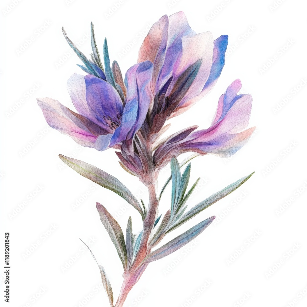 Fototapeta premium a purple flower with green leaves on a white background