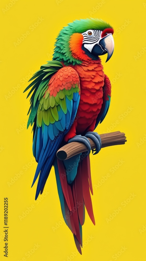Fototapeta premium Colorful Parrot on Green Branch with Yellow Background