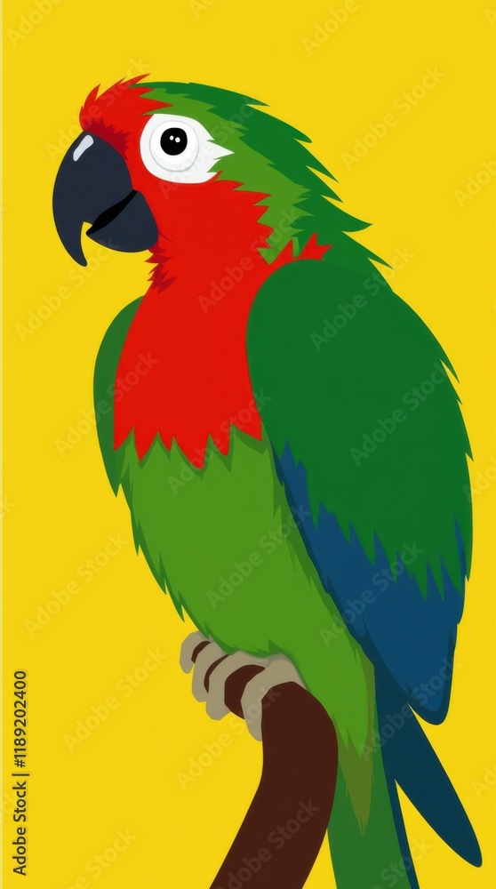 Colorful Parrot on Green Branch with Yellow Background Colorful Parrot on Green Branch with Yellow Background