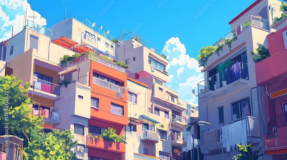 Colorful Apartment Buildings Under a Sunny Sky Colorful Apartment Buildings Under a Sunny Sky