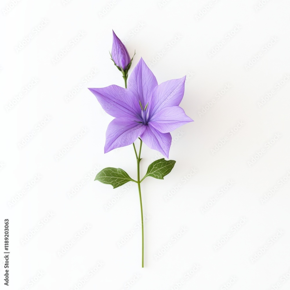 purple flower with bud and leaves on white background purple flower with bud and leaves on white background