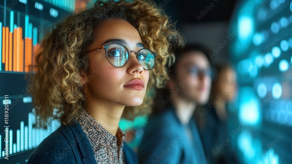 Young Woman in Glasses Analyzing Data on Digital Screen Financial Analyst Businesswoman Young Woman in Glasses Analyzing Data on Digital Screen Financial Analyst Businesswoman