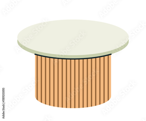 Simple illustration of a minimalist round table with a light green top and striped wooden base. Clean and modern aesthetic on a white background. Vector illustration