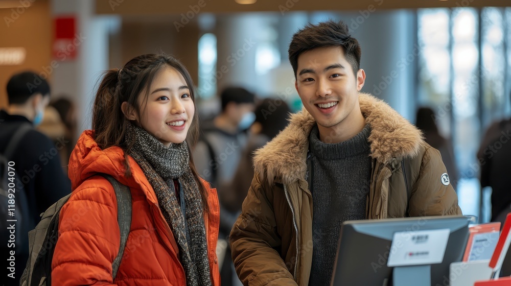 Happy Asian Young Couple Students in Winter Coats at University Happy Asian Young Couple Students in Winter Coats at University