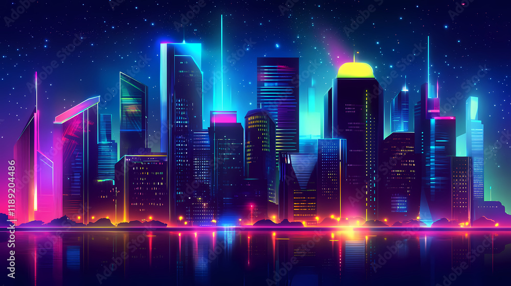 Futuristic cityscape with glowing neon lights and vibrant colors. Nightstone. Illustration Futuristic cityscape with glowing neon lights and vibrant colors. Nightstone. Illustration