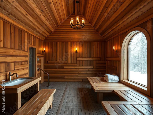 interior of wooden bathhouse sauna. wood-fired sauna. vaporarium photo