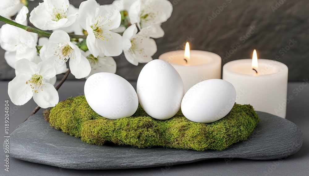 A serene arrangement featuring three white eggs on a mossy stone, accompanied by candles and delicate white flowers, creating a tranquil, natural atmosphere. A serene arrangement featuring three white eggs on a mossy stone, accompanied by candles and delicate white flowers, creating a tranquil, natural atmosphere.