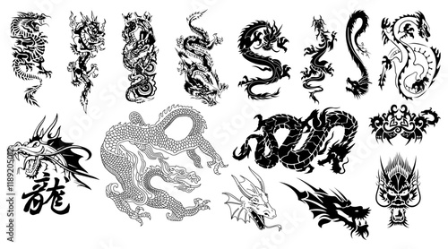 Oriental Dragons Silhouette Vector Pack graphic drawing illustration for stickers, streetwear, t-shirts, logos, print-on-demand, print, or branding