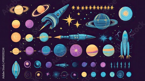 Fototapeta Naklejka Na Ścianę i Meble -  Colorful cartoon space elements planets, rockets, stars, and nebulae. Ideal for educational resources, game design, or children's illustrations.