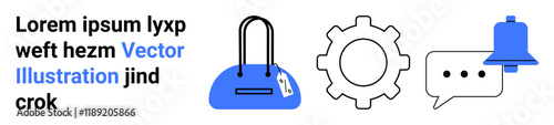 Shopping bag with handle and tag, gear icon, chat bubble with three dots, notification bell. Ideal for e-commerce, system settings, communication apps, notifications, digital marketing user