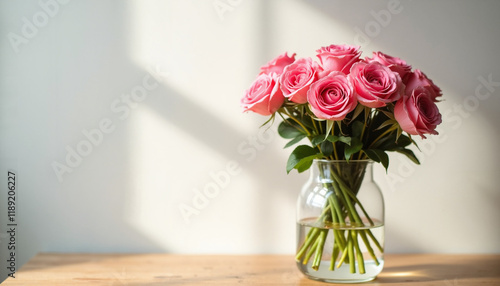 Wallpaper Mural Pink roses in a glass vase on a wooden table Torontodigital.ca