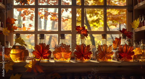 Display of maple syrup bottles on the edge of a sugar shack window photo