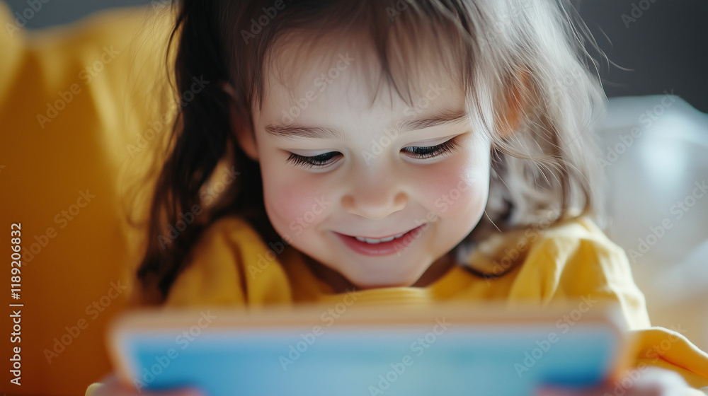 A child with autism engages with a learning app, smiling with joy while exploring new skills in a cozy indoor environment. Generative AI A child with autism engages with a learning app, smiling with joy while exploring new skills in a cozy indoor environment. Generative AI