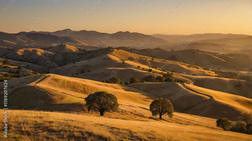 Obraz premium hills bathed in the golden light of the hour before sunset, ai