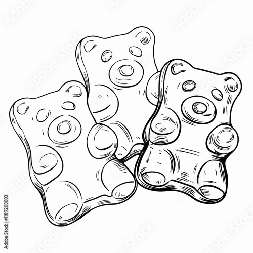 Gummy bears in black and white sketch drawing