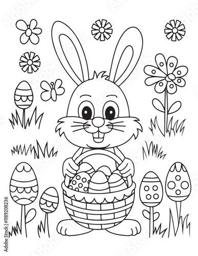 Easter Coloring page, Easter egg Coloring Page, Easter Holiday coloring page, easter bunny coloring page. bunny line art, black and white image