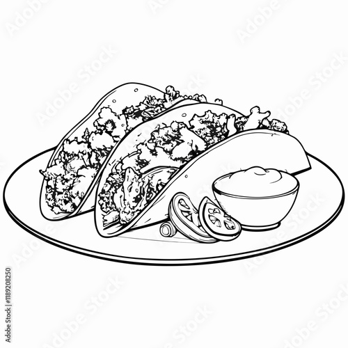 Tacos with lime and sour cream, black and white drawing