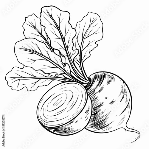 Whole and sliced beets with leaves, black and white sketch