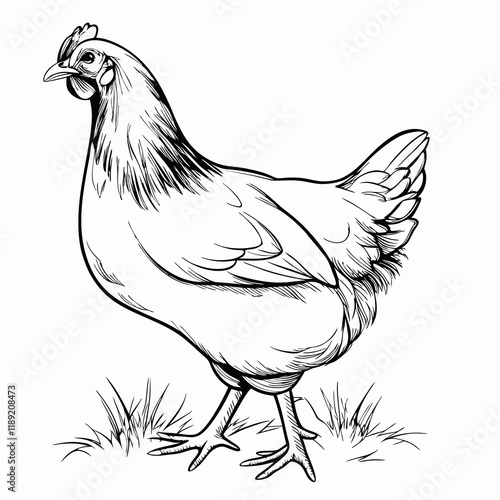 Chicken standing on grass, black and white sketch