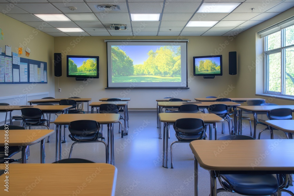 A classroom featuring seamless tech integration, adaptable layouts, and modern, minimalistic designs