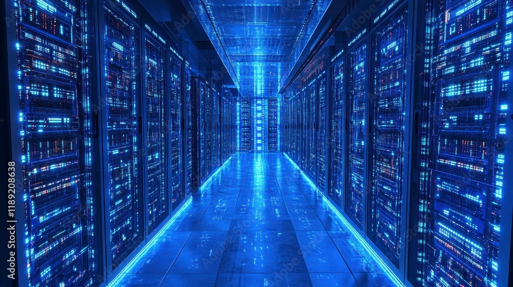Illuminated Data Center Server Room Corridor Technology Infrastructure Network and Hosting Illuminated Data Center Server Room Corridor Technology Infrastructure Network and Hosting