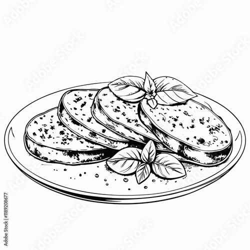 Eggplant Parmesan with basil garnish in black and white sketch