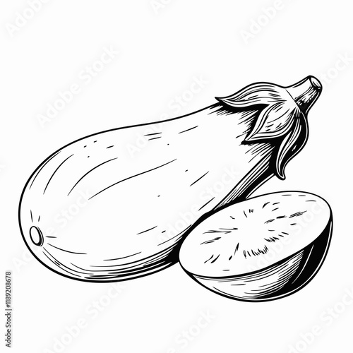 Whole and sliced eggplant illustration, black and white sketch