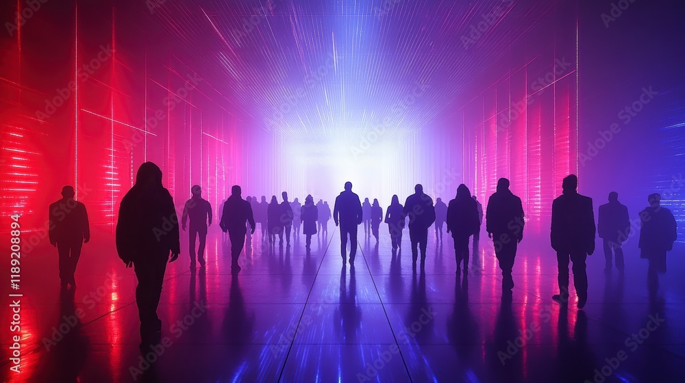Fototapeta premium Silhouetted Figures Walking Through a Futuristic Neon Light Corridor