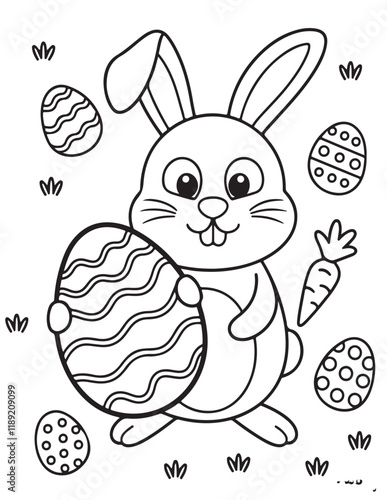 Easter Coloring page, Easter egg Coloring Page, Easter Holiday coloring page, easter bunny coloring page. bunny line art, black and white image