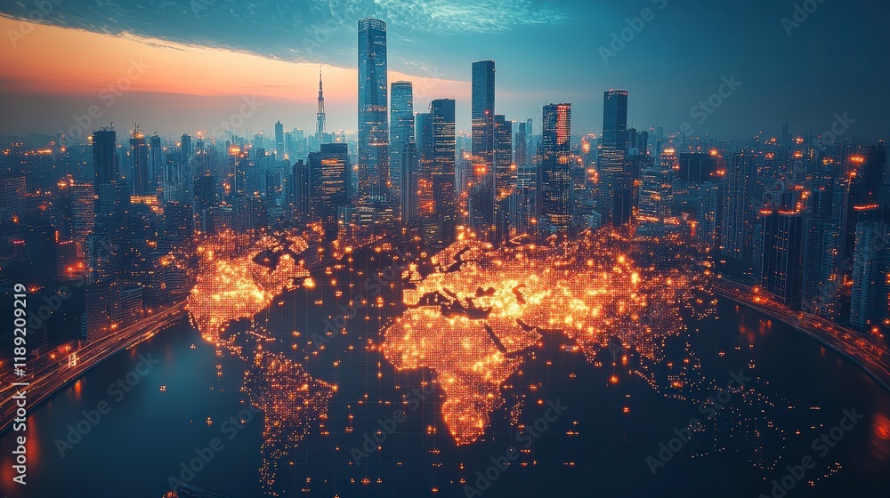 Obraz premium Global Network Connection Illuminated World Map Over Night City Skyline