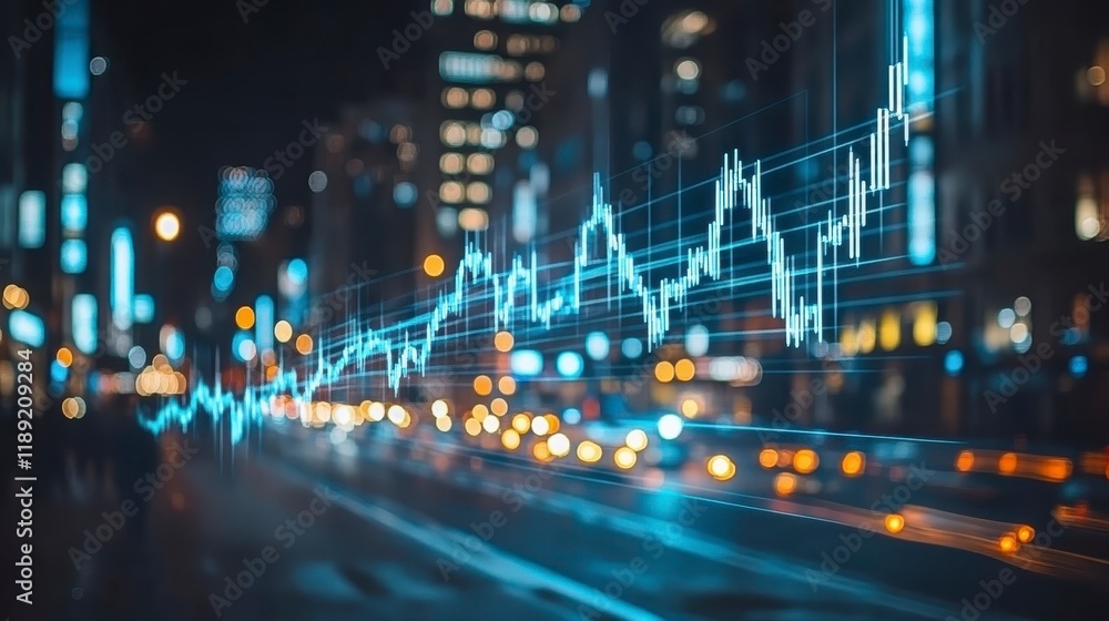 Fototapeta premium Night Cityscape with Overlay of Financial Stock Market Chart Data Graph