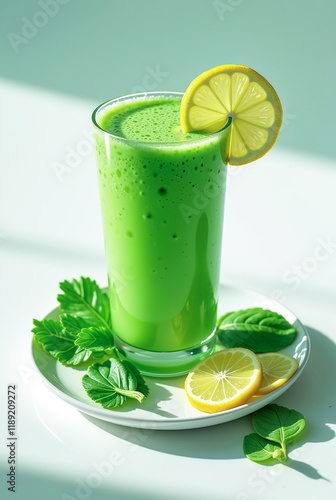 Green smoothie with lemon and mint on a white saucer