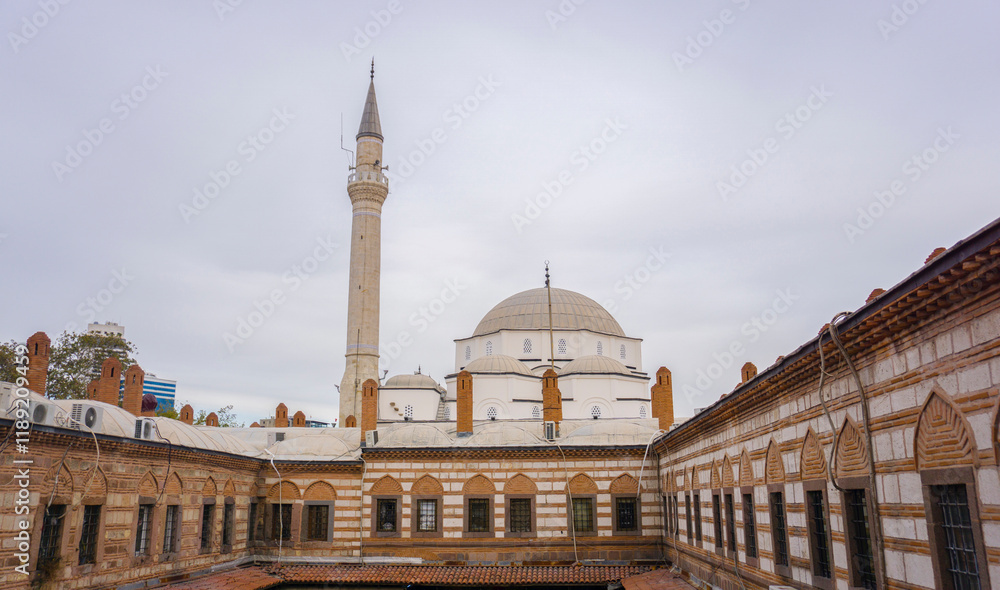Fototapeta premium Hisar Mosque in Kizlaragasi Inn (Kızlar Agasi Hani) in Izmır, Turkey. Famous historical mosque near Konak Square. 