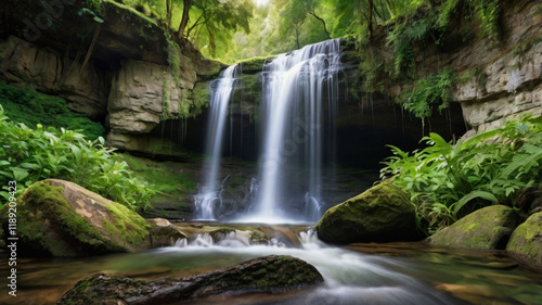 a secluded waterfall cascading down the side of a hill,ai