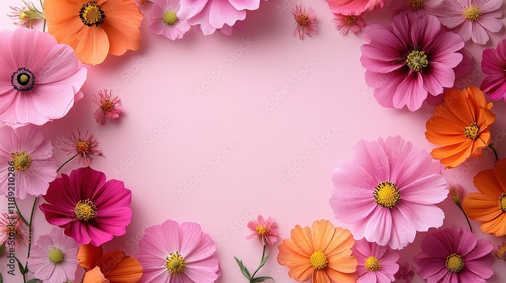 Pink background decorated with pink and orange flowers in a vibrant floral arrangement valentine day Pink background decorated with pink and orange flowers in a vibrant floral arrangement valentine day