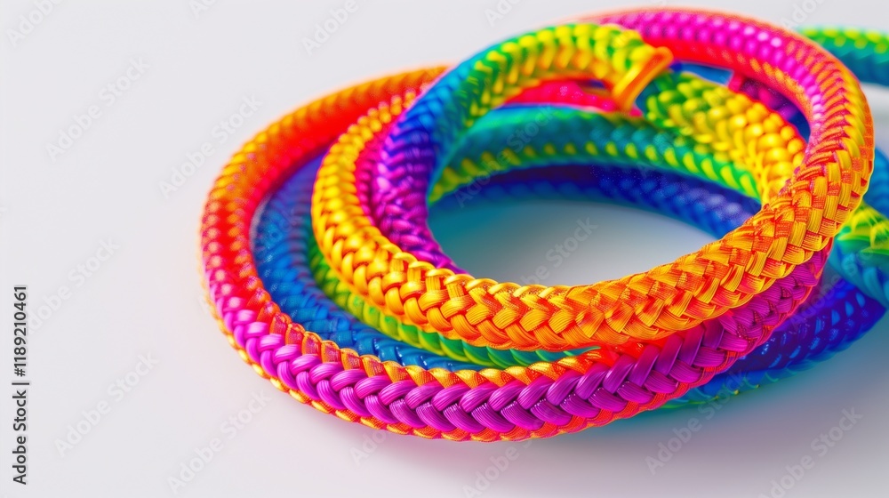 A brightly colored jump rope, coiled neatly on a white surface with the ropea??s texture visible. A brightly colored jump rope, coiled neatly on a white surface with the ropea??s texture visible.