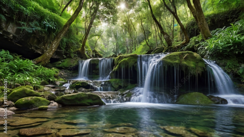 a secluded waterfall cascading down the side of a hill,ai a secluded waterfall cascading down the side of a hill,ai