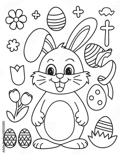 Easter Coloring page, Easter egg Coloring Page, Easter Holiday coloring page, easter bunny coloring page. bunny line art, black and white image