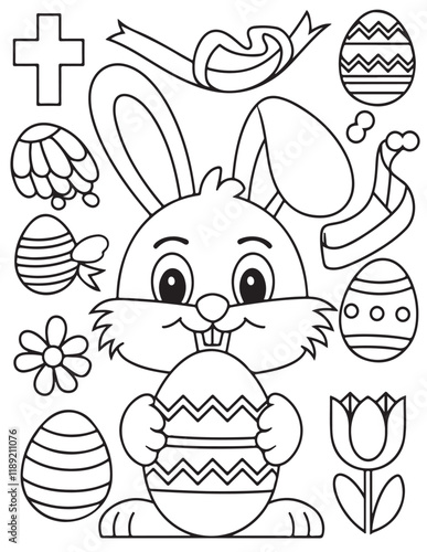 Easter Coloring page, Easter egg Coloring Page, Easter Holiday coloring page, easter bunny coloring page. bunny line art, black and white image