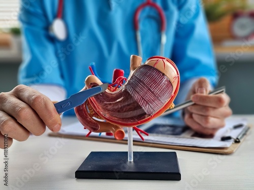 Tableau sur toile Surgeon held scalpel over anatomical model of human stomach concept
