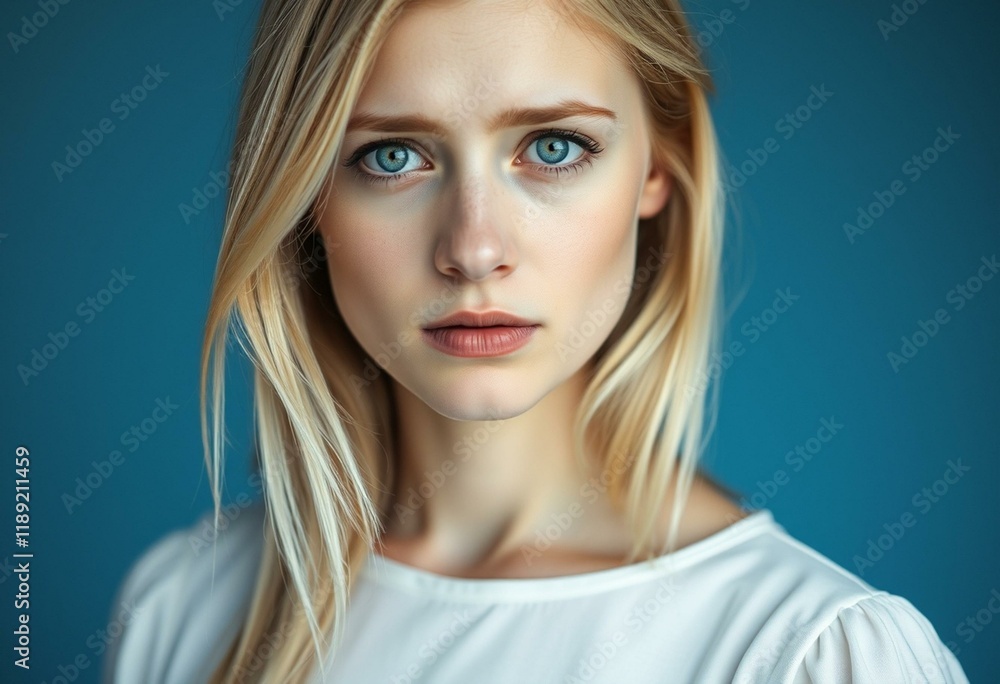 Female portrait with Nordic blond hair, simple white dress, and a mix of sadness and despair Female portrait with Nordic blond hair, simple white dress, and a mix of sadness and despair