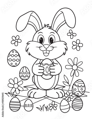 Easter Coloring page, Easter egg Coloring Page, Easter Holiday coloring page, easter bunny coloring page. bunny line art, black and white image